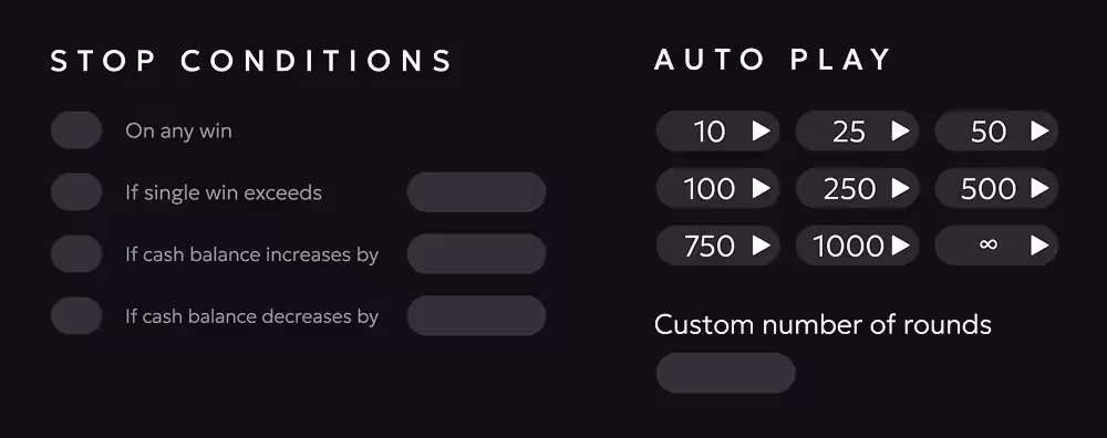 El menú de configuración del Auto Play de Avia Masters 2 con el número de rondas y los límites de parada